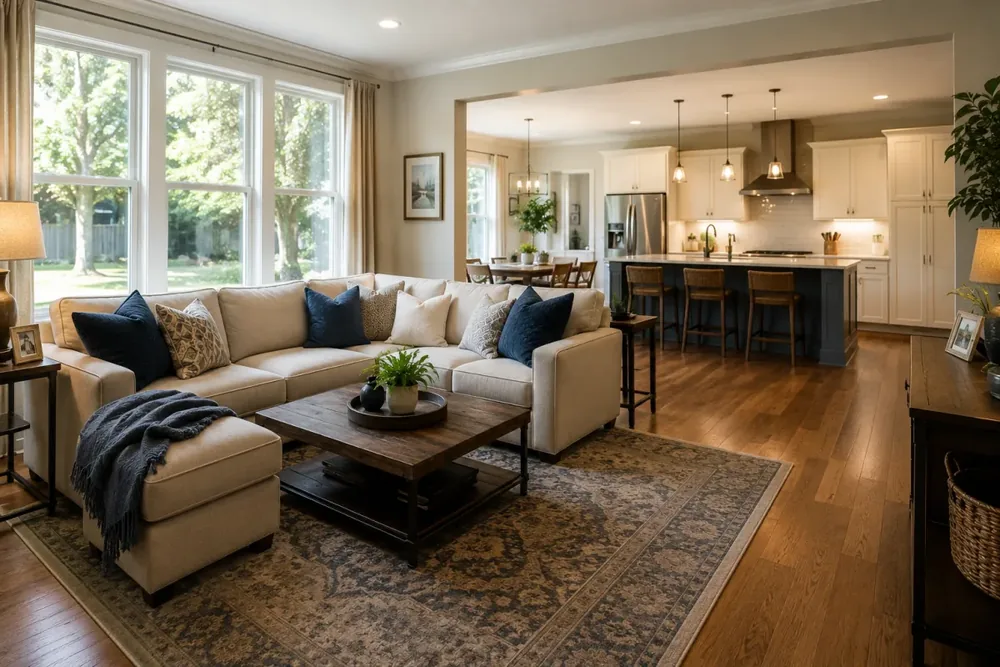 Furnished living room and kitchen in a mid-term rental home in Weldon Spring, Missouri